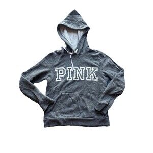 VICTORIA SECRET PINK GREY WHITE LOGO PULLOVER HOODIE SWEATSHIRT FLEECE LINING M